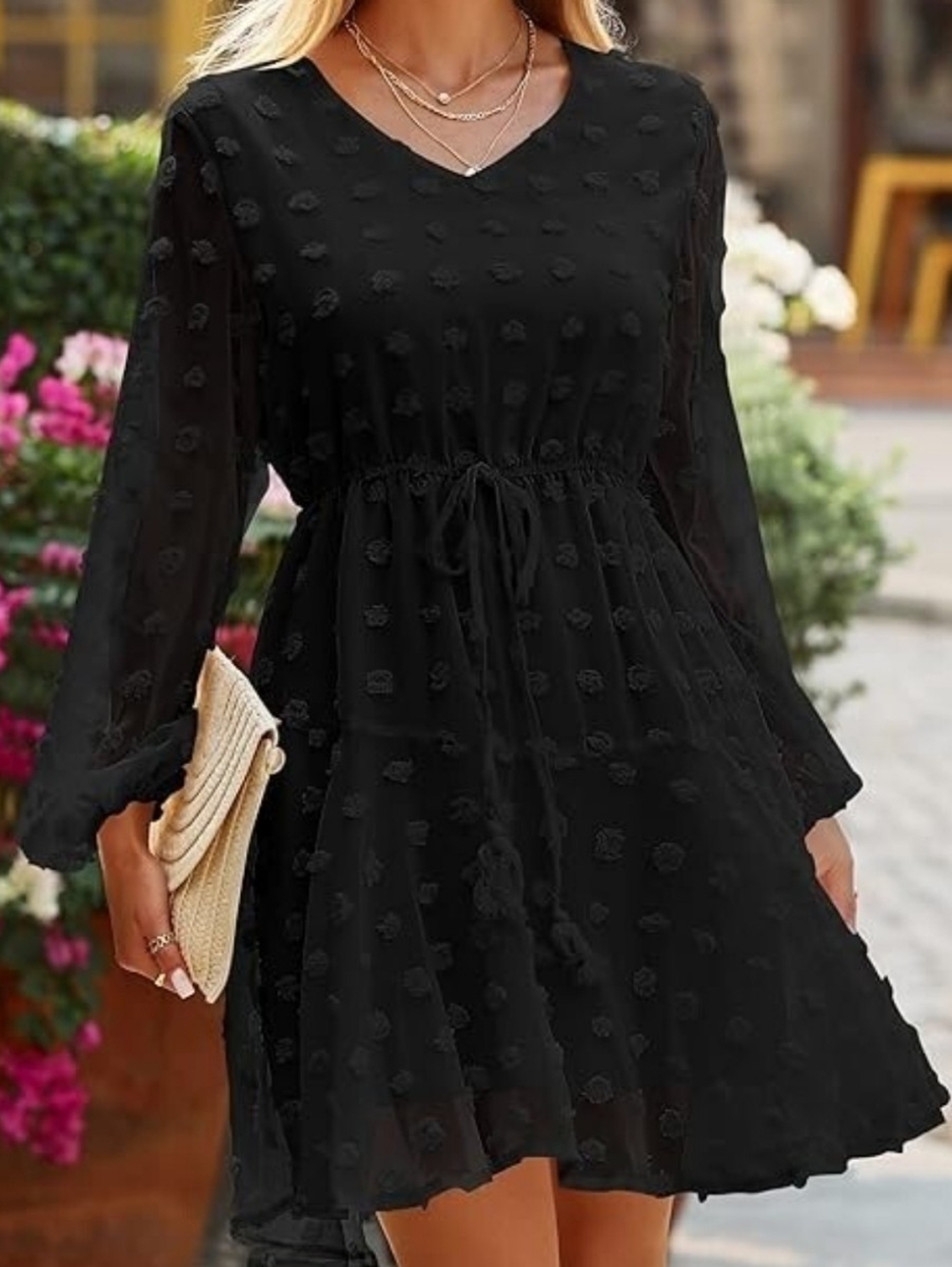 Kirundo Womens Long Sleeve Flowy Black Textured Dot V Neck Dress Large